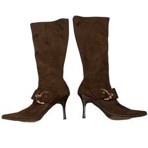 Stunning Knee High Size 7 Suede Brown Boots with Gold Buckle and 3 inch heel